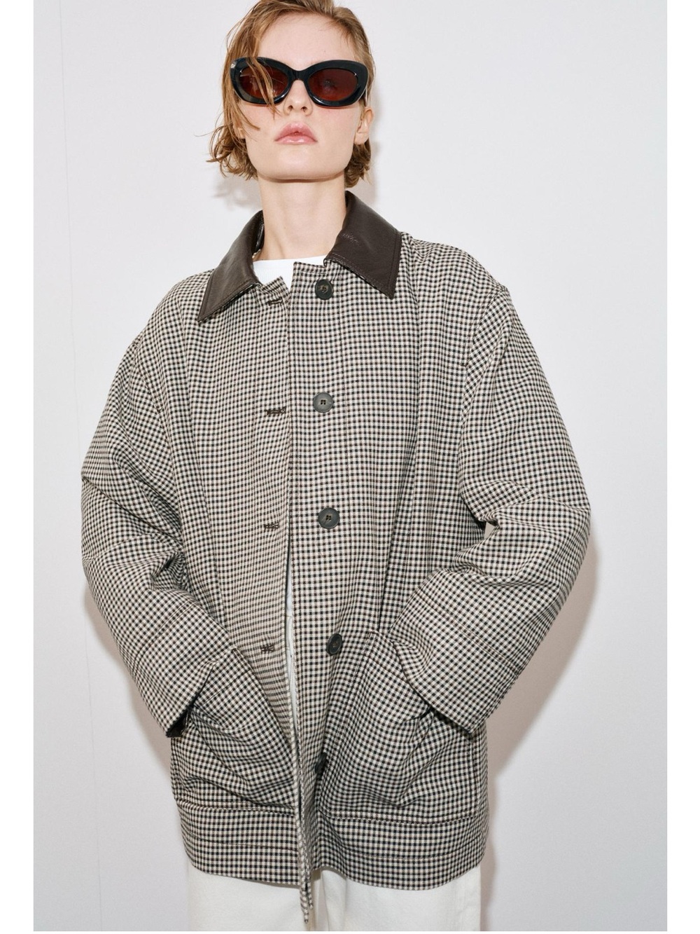 ZARA HOUNDSTOOTH FAUX LEATHER TRIM JACKET